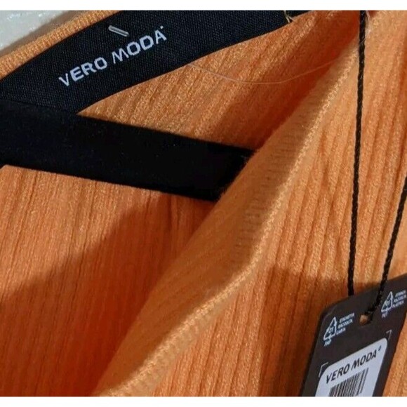 Vero Moda Top One Shoulder Short Sleeve Orange Ribbed Knit Stretch Medium - Picture 13 of 14